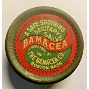 Vintage 1896 ba'ma'cea sanitary salve medical advertising tin boston ma bamacea